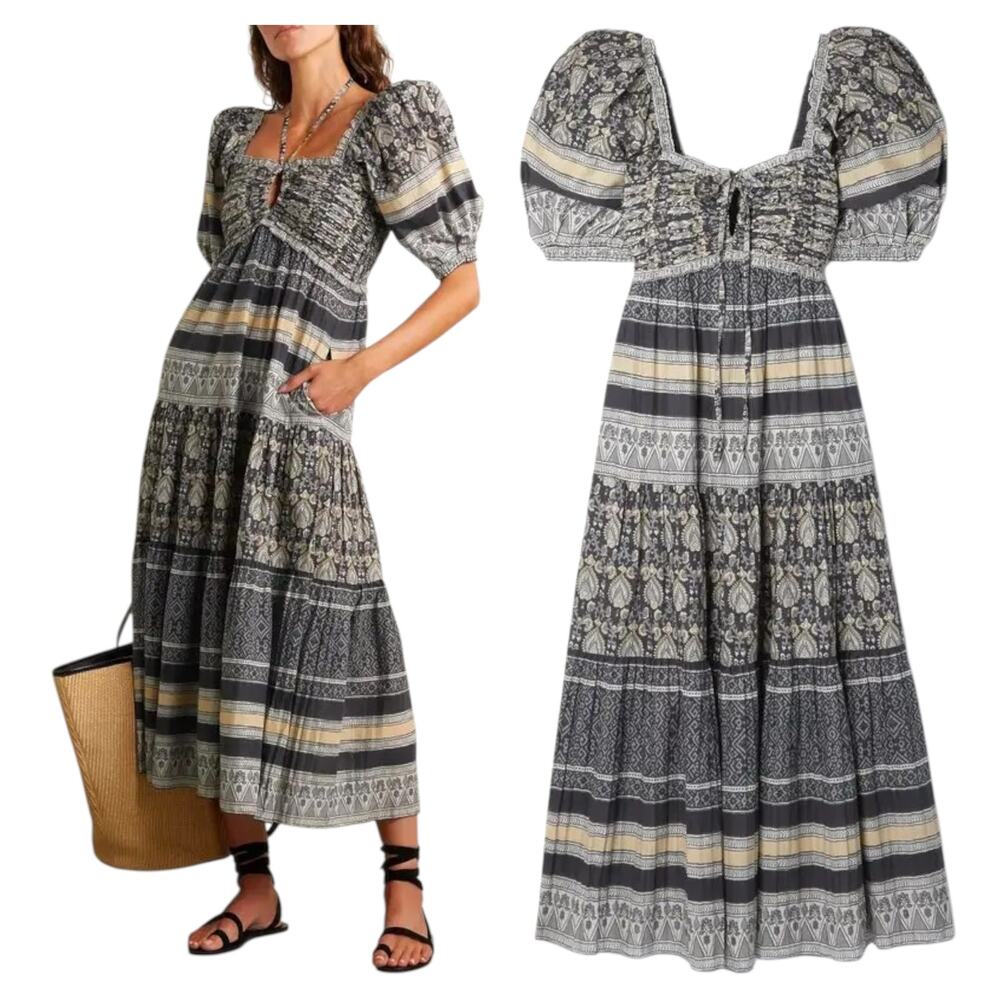 Sea New York Tasha Midi Dress, Tiered, Boho Printed Cotton, Gray Size 6/8 Medium